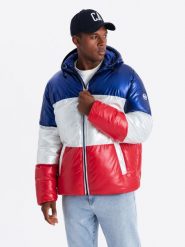 Kurtka męska zimowa trzykolorowa świecąca - granatowa V3. Niebieskie kurtki Ombre Clothing, na zimę, l, bez wzorów, z poliesteru, bez kaptura. W wyprzedaży za 99.99 zł.