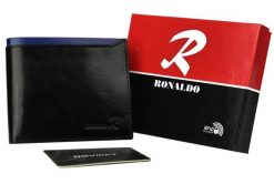Portfel czarny z niebieską wstawką Ronaldo N01-VT BLACK-BLUE. Czarne portfele RONALDO, bez wzorów, ze skóry. Za 64.99 zł.