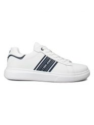 Pepe Jeans FOOTWEAR Skórzane sneakersy "Eaton" w kolorze biało-granatowym rozmiar: 46. Białe buty sportowe casual Pepe Jeans FOOTWEAR, bez wzorów, z jeansu, bez zapięcia. Za 165.99 zł.