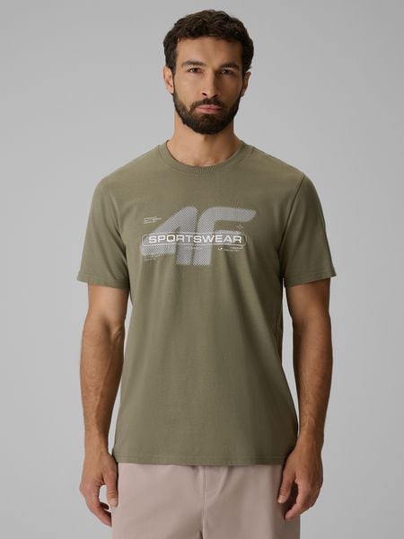 4F T-shirt regular z nadrukiem męski - khaki S. Brązowe t-shirty 4F, m, bez wzorów, z bawełny, bez kołnierzyka, bez ramiączek. Za 69.99 zł.