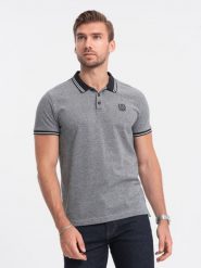 Melanżowa koszulka męska polo z kołnierzykiem w paski – czarna V1 OM-POSS-0109 - L. Czarne koszulki polo sportowe Ombre Clothing, l, z aplikacjami, z bawełny, bez kołnierzyka, bez ramiączek. W wyprzedaży za 49.99 zł.