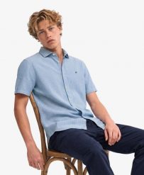 Superdry Koszula Riviera z krótkim rękawem z lnu - Blue Chalk Stripe. Niebieskie koszule Superdry, na lato, m, bez wzorów, ze lnu, bez kołnierzyka, bez ramiączek. Za 352.05 zł.