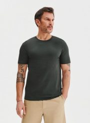 PAKO LORENTE – Bawełniany oliwkowy t-shirt. Zielone t-shirty Pako Lorente, s, bez wzorów, z bawełny, bez kołnierzyka, bez ramiączek. Za 49.99 zł.