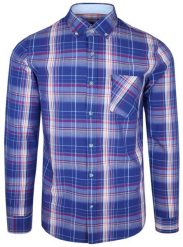 Wygodna Koszula Weekendowa w Kratkę - Odcienie Granatu i Czerwieni. Niebieskie koszule MCL, xl, bez wzorów, z bawełny, bez kołnierzyka, bez ramiączek. Za 179.00 zł.