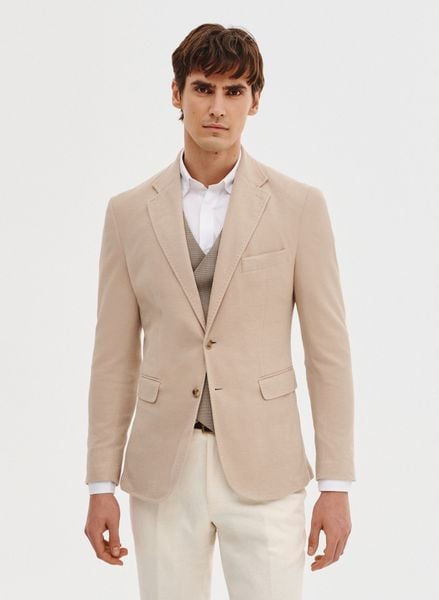 PAKO LORENTE – Dzianinowa marynarka w kolorze beżowym. Brązowe garnitury Pako Lorente, na co dzień, m, bez wzorów, z bawełny, casualowe. Za 399.99 zł.