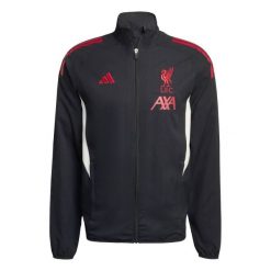 Kurtka treningowa Prematch Liverpool FC 2025/26. Czarne kurtki Adidas, bez wzorów, bez kaptura. W wyprzedaży za 331.85 zł.