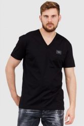 DOLCE & GABBANA Czarny t-shirt męski w serek z aplikacją z logo. Czarne t-shirty Dolce and Gabbana, m, z aplikacjami, prążkowane, bez kołnierzyka, bez ramiączek. W wyprzedaży za 899.99 zł.