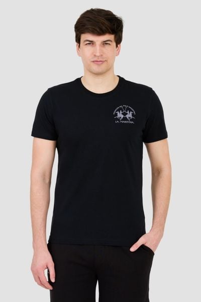 LA MARTINA Czarny męski t-shirt z dużym logo, Rozmiar XL. Czarne t-shirty La Martina, m, bez wzorów, bez kołnierzyka, bez ramiączek. W wyprzedaży za 154.99 zł.