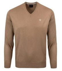 Sweter Męski Wełniany - Dekolt w Serek - Pako Jeans - Beżowy. Brązowe swetry rozpinane Pako Jeans, l, bez wzorów, z jeansu, bez kołnierzyka, bez ramiączek. Za 169.00 zł.