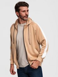 Rozpinana męska bluza z kapturem i lampasami - beżowa V4. Brązowe bluzy z kapturem Ombre Clothing, m, z aplikacjami, z dzianiny, z kapturem. Za 189.99 zł.