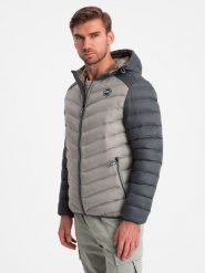 Nylonowa dwukolorowa pikowana męska kurtka w stylu sportowym – popielata V11 OM-JALP-0185 - S. Szare kurtki Ombre Clothing, m, z aplikacjami, z materiału, bez kaptura. W wyprzedaży za 109.99 zł.