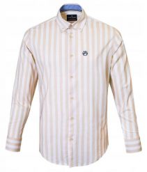 Biała, Lekko Taliowana Koszula Męska - Pako Jeans - Beżowy Prążek. Białe koszule Pako Jeans, l, bez wzorów, z bawełny, bez kołnierzyka, bez ramiączek. Za 199.00 zł.