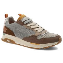 Sneakersy męskie Jeep, skórzane na platformie sznurowane codzienne i sportowe, szałwiowe, JM51060A-105. Szare buty sportowe casual Jeep, bez wzorów, bez zapięcia. Za 365.99 zł.