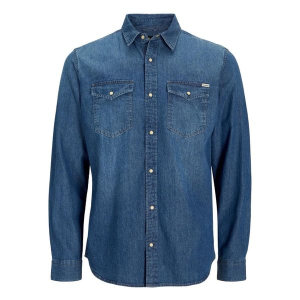 Koszula Jack & Jones Heridan średni niebieski denim. Niebieskie koszule Jack&Jones, bez wzorów, z denimu, bez kołnierzyka, bez ramiączek. Za 190.35 zł.