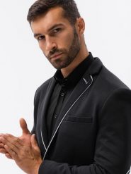 Elegancka marynarka męska z kontrastową lamówką - czarna V3 - Rozmiar: XXL. Czarne garnitury Ombre Clothing, m, bez wzorów, z bawełny. W wyprzedaży za 99.99 zł.