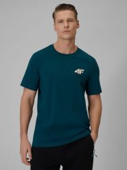 4F T-shirt regular gładki męski - turkusowy L. Niebieskie t-shirty 4F, l, bez wzorów, z dresówki, bez kołnierzyka, bez ramiączek. Za 69.99 zł.