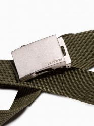 Pasek męski parciany z klamrą w kolorze postarzonego srebra – khaki A029 - uniwersalny. Brązowe paski Ombre Clothing, bez wzorów, retro. Za 41.99 zł.