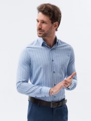 Koszula męska z długim rękawem - jasnoniebieska K588 - XXL. Niebieskie koszule Ombre Clothing, m, bez wzorów, z bawełny, bez kołnierzyka, bez ramiączek. Za 80.99 zł.