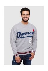 DSQUARED2 Szary sweter męski z granatowym logo, Rozmiar S. Szare swetry nierozpinane Dsquared2, m, z aplikacjami, bez kołnierzyka, bez ramiączek. W wyprzedaży za 1,099.99 zł.