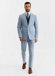 PAKO LORENTE – Błękitne spodnie garniturowe o widocznej strukturze. Niebieskie garnitury Pako Lorente, bez wzorów, z elastanu. Za 399.99 zł.