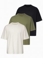 Zestaw bawełnianych koszulek męskich loose fit z okrągłym dekoltem - czarna/biała/pastelowa zielona V1 - Rozmiar: M. Czarne t-shirty Ombre Clothing, m, bez wzorów, z bawełny, bez kołnierzyka, bez ramiączek. Za 209.99 zł.