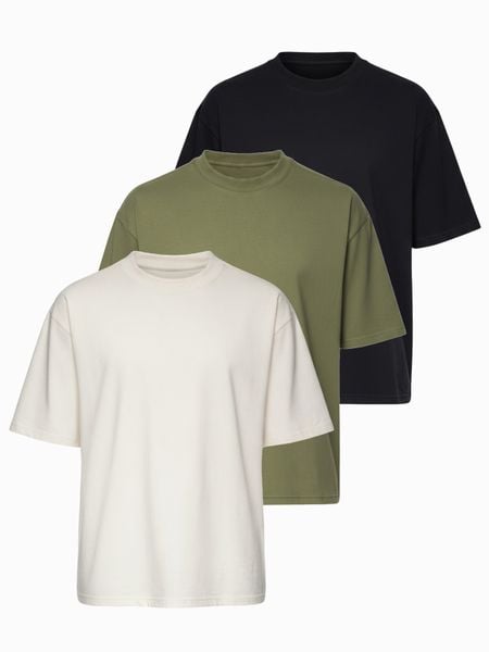 Zestaw bawełnianych koszulek męskich loose fit z okrągłym dekoltem - czarna/biała/pastelowa zielona V1. Czarne t-shirty Ombre Clothing, m, bez wzorów, z bawełny, bez kołnierzyka, bez ramiączek. Za 209.99 zł.