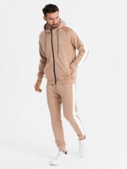 Dresowy komplet męski rozpinana bluza z kapturem + spodnie joggery - beżowy V4. Brązowe bluzy Ombre Clothing, m, z aplikacjami, z dresówki, bez kaptura. Za 379.99 zł.