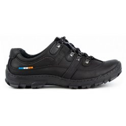 Olivier Skórzane buty trekkingowe męskie 213GT czarne. Czarne trekkingi Olivier, bez wzorów, ze skóry, bez zapięcia. Za 294.32 zł.