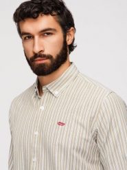 Bawełniana koszula męska REGULAR FIT w drobne paski – beżowa V1 - Rozmiar: L. Brązowe koszule Ombre Clothing, l, bez wzorów, z bawełny, bez kołnierzyka, bez ramiączek. Za 189.99 zł.