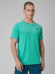 4F Koszulka treningowa regular szybkoschnąca męska - turkusowa 3XL. Niebieskie t-shirty 4F, m, bez wzorów, ze skóry, bez kołnierzyka, bez ramiączek. Za 79.99 zł.