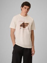 4F T-shirt regular z nadrukiem męski - kremowy XXL. Białe t-shirty 4F, m, bez wzorów, z materiału, bez kołnierzyka, bez ramiączek. Za 79.99 zł.
