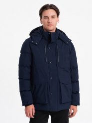 Zimowa kurtka męska z odpinanym kapturem i kieszeniami cargo - granatowa V1 OM-JAHP-0152 - XXL. Niebieskie kurtki Ombre Clothing, na zimę, m, bez wzorów. W wyprzedaży za 259.99 zł.