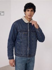 Kurtka jeansowa sherpa - granatowy. Niebieskie kurtki Sinsay, l, bez wzorów, z jeansu, bez kaptura. Za 139.99 zł.