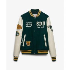 Kurtka Superdry Vintage Varsity. Zielone kurtki Superdry, m, z aplikacjami, ze skóry, bez kaptura. Za 862.90 zł.