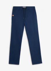 Spodnie chinosy, classic fit, ze stretchem i szeroką nogawką, straight. Niebieskie eleganckie spodnie bonprix, m. Za 129.99 zł.