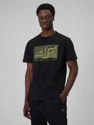 4F T-shirt regular z nadrukiem męski - czarny M. Czarne t-shirty 4F, m, bez wzorów, z dresówki, bez kołnierzyka, bez ramiączek. Za 69.99 zł.