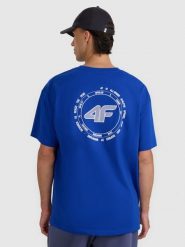 4F T-shirt oversize z nadrukiem męski - niebieski L. Niebieskie t-shirty 4F, l, bez wzorów, z bawełny, bez kołnierzyka, bez ramiączek. Za 69.99 zł.