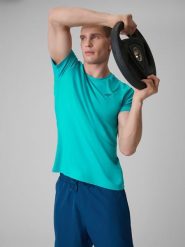 4F Koszulka treningowa regular szybkoschnąca męska - turkusowa S. Niebieskie t-shirty 4F, m, bez wzorów, ze skóry, bez kołnierzyka, bez ramiączek. Za 79.99 zł.