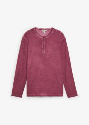Bluzka z długim rękawem i dekoltem henley z efektem sprania z czystej bawełny organicznej. Niebieskie bluzki z długim rękawem bonprix, m, bez wzorów, z bawełny, bez kołnierzyka, bez ramiączek. Za 79.99 zł.