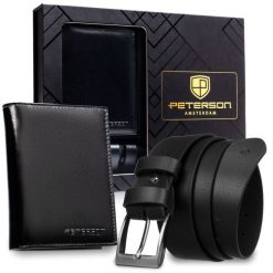 Zestaw prezentowy: skórzany, pionowy portfel męski w czarnym kolorze z systemem RFID i pasek ze skóry ekologicznej - Peterson. Czarne portfele Peterson, bez wzorów, ze skóry ekologicznej. Za 109.00 zł.