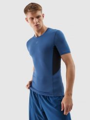 4F Koszulka treningowa slim z materiałów z recyklingu męska - granatowa L. Niebieskie t-shirty 4F, l, bez wzorów, z dzianiny, bez kołnierzyka, bez ramiączek. W wyprzedaży za 59.99 zł.