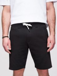 Bawełniane męskie spodenki ze ściągaczem i kieszeniami - czarne V5 - Rozmiar: M. Czarne krótkie spodenki sportowe Ombre Clothing, m, z aplikacjami, z bawełny. W wyprzedaży za 69.99 zł.