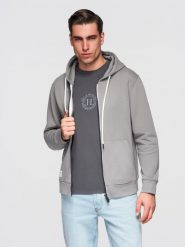 Męska bluza bawełniana dresowa BASIC rozpinana z kapturem - szara V8 - Rozmiar: S. Szare bluzy Ombre Clothing, m, z aplikacjami, z bawełny, z kapturem. W wyprzedaży za 118.99 zł.