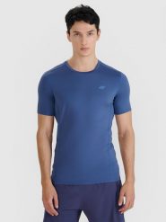 4F Koszulka do biegania slim szybkoschnąca męska - granatowa L. Niebieskie t-shirty 4F, l, bez wzorów, z dzianiny, bez kołnierzyka, bez ramiączek. W wyprzedaży za 99.99 zł.