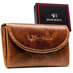 Skórzany, brązowy portfel męski wyposażony w system RFID - Rovicky. Brązowe portfele ROVICKY, bez wzorów, ze skóry. Za 34.99 zł.