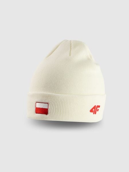 4F Czapka beanie uniseks - biała Uniwersalny. Białe czapki zimowe 4F, bez wzorów, z dzianiny. Za 49.99 zł.