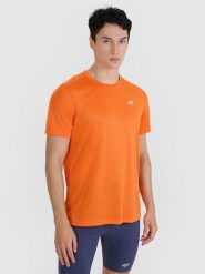 4F Koszulka do biegania regular szybkoschnąca męska - pomarańczowa L. Brązowe t-shirty 4F, l, bez wzorów, z dzianiny, bez kołnierzyka, bez ramiączek. Za 149.99 zł.