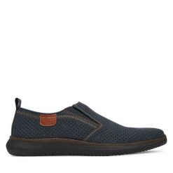 Półbuty Rieker. Niebieskie eleganckie półbuty Rieker, bez wzorów, bez obcasa, bez zapięcia. Za 249.99 zł.
