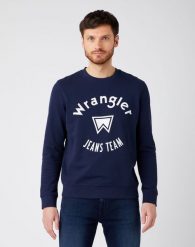 WRANGLER CREW SWEAT MĘSKA BLUZA KLASYCZNA NAVY W6M8HY114 112141491. Niebieskie bluzy Wrangler, l, bez wzorów, bez kaptura. Za 149.99 zł.