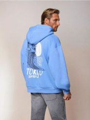 Bluza hoodie z nadrukiem - niebieski. Niebieskie bluzy bez kaptura Sinsay, l, bez wzorów, bez kaptura. Za 59.99 zł.